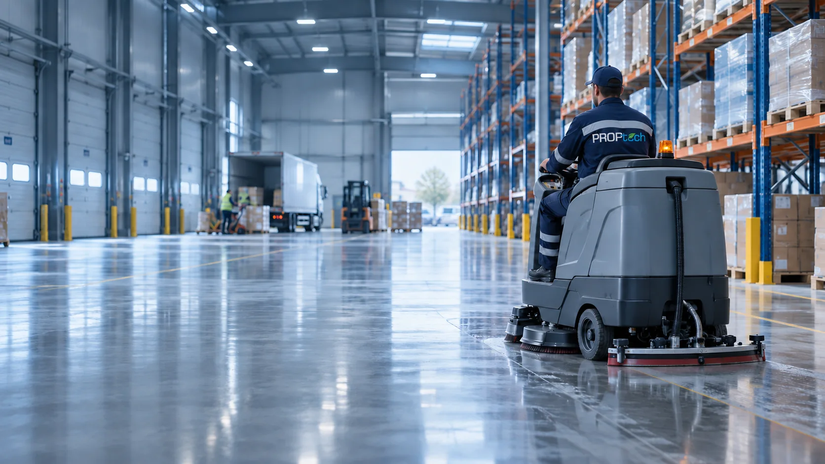 Agent PROPtech sur une autolaveuse autoportée dans un entrepôt logistique